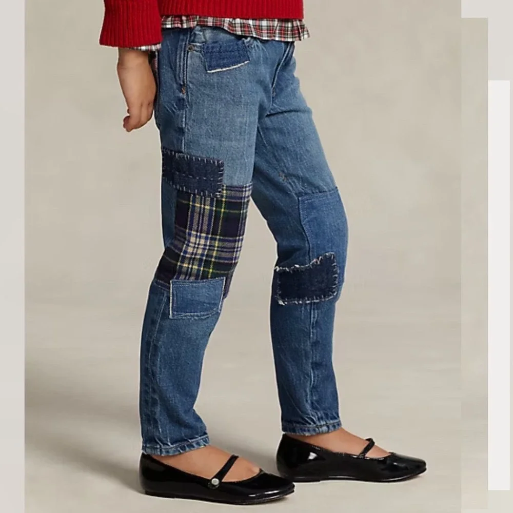 Polo Ralph Lauren Kids Patchwork Astor Slim Boyfriend Jeans Blue Plaid 3T NWT